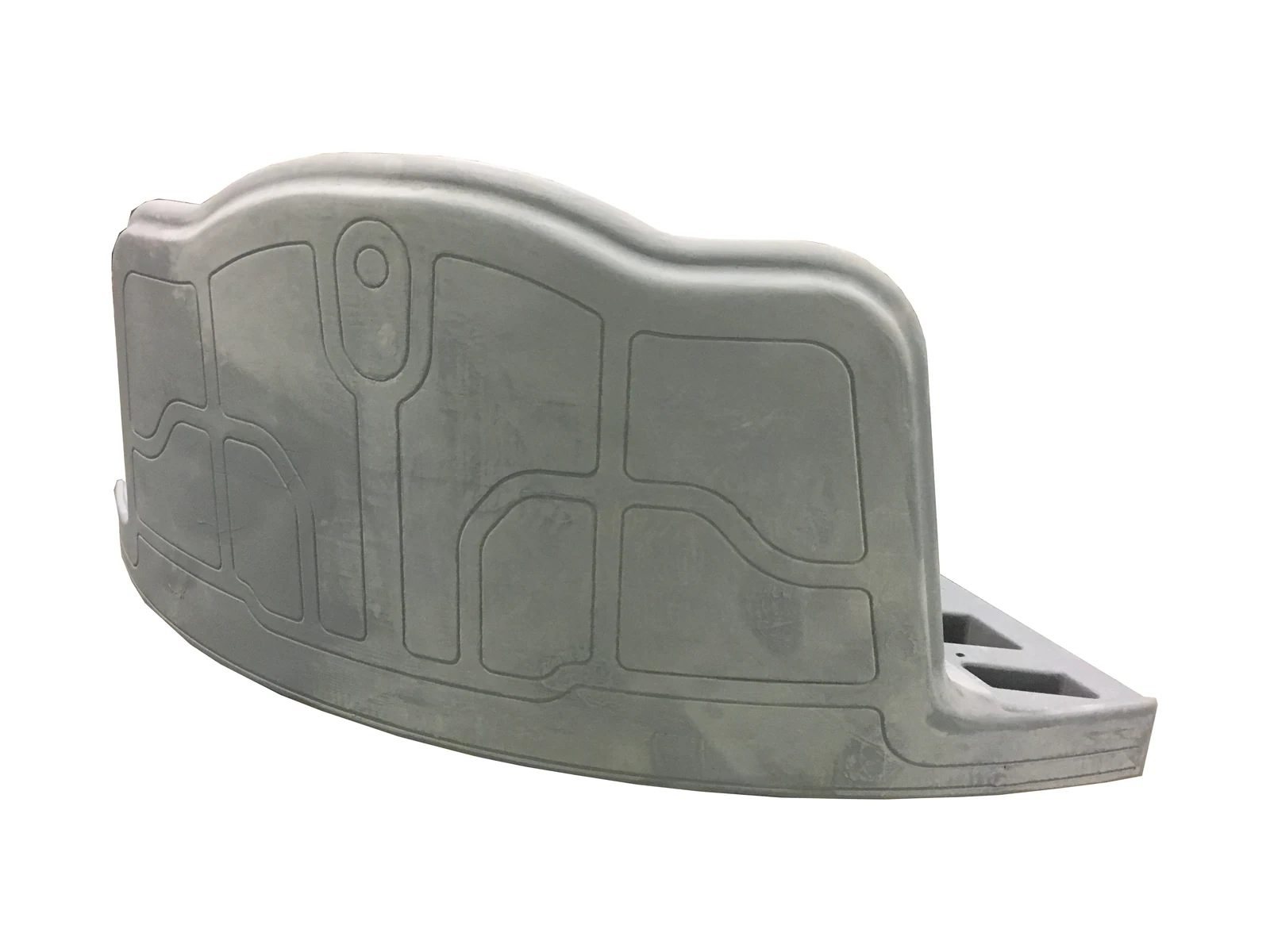 1:1 scale prototype CNC-machined from wood and painted silver — underside and mounting interface